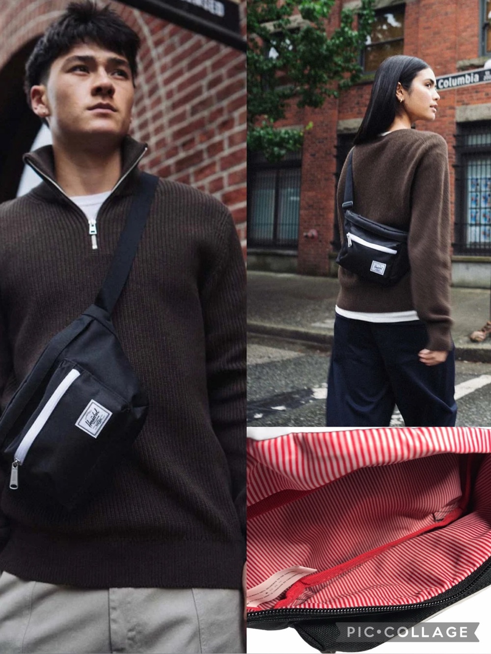 Herschel Black White Hip Pack w/Red Searsucker Pinstripe Interior Unisex